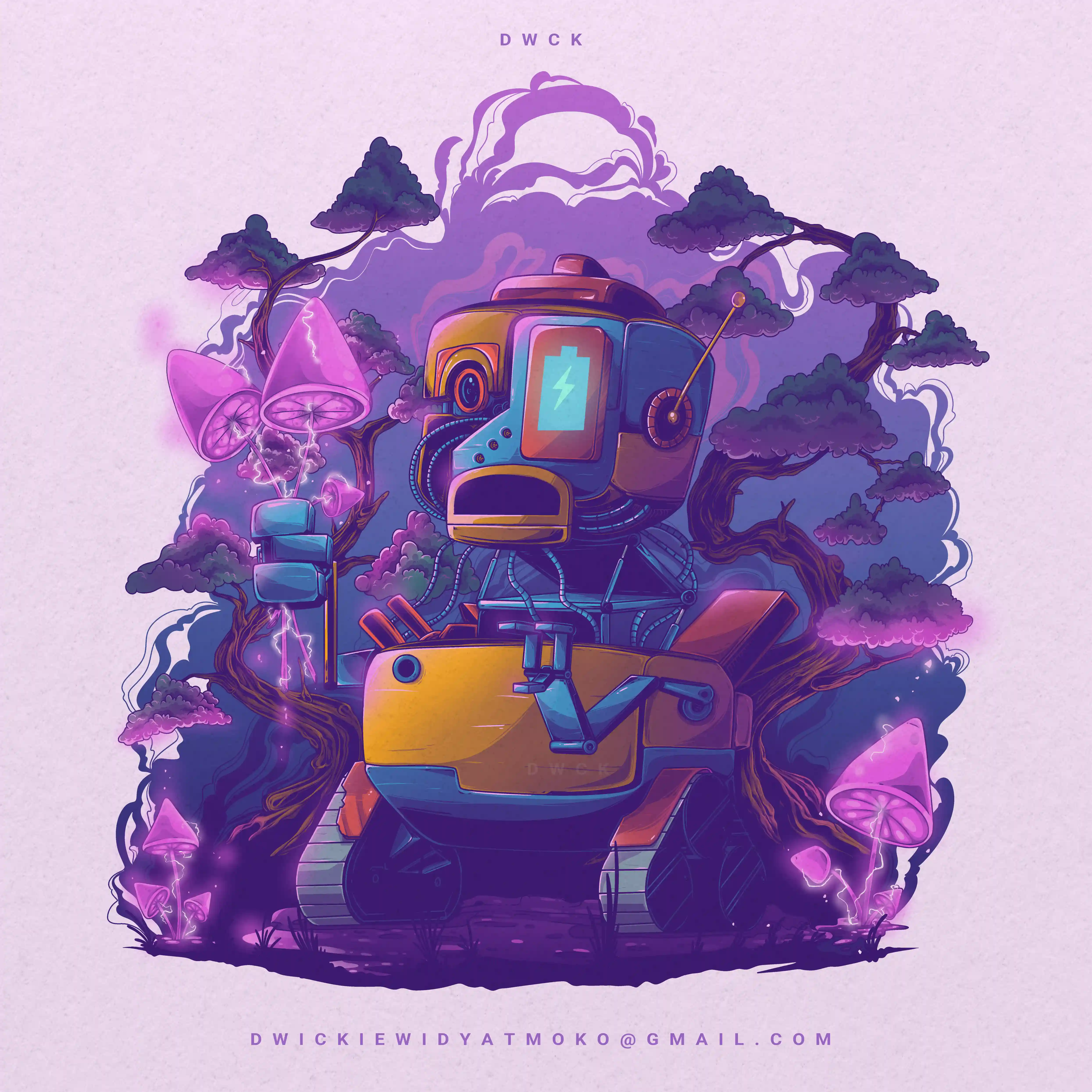 Illustration of a purple robot in a glowing mushroom forest.